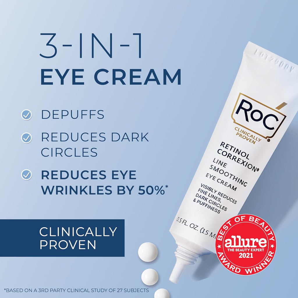 RoC Retinol Correxion Under Eye Cream for Dark Circles & Puffiness, Daily Wrinkle Cream, Anti Aging Line Smoothing Skin Care Treatment, Stocking Stuffers for Men & Women, 0.5 oz (Packaging May Vary)